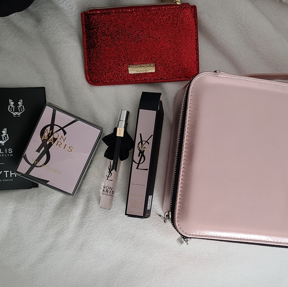 YSL mon paris and Jimmy Choo glitter zip pouch